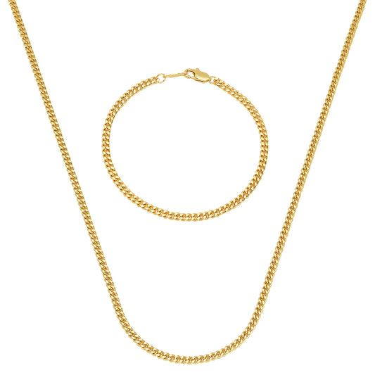 3mm 14k Yellow Gold Plated Flat Cuban Link Curb Chain Necklace + Bracelet Set (SKU: GL-032CS)