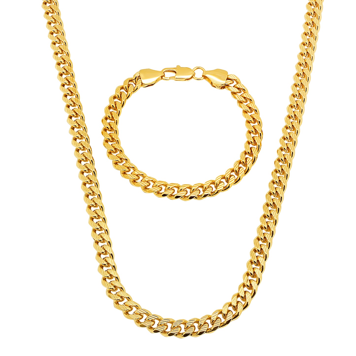 7mm 14k Yellow Gold Plated Gold Flat Cuban Link Curb Chain Necklace + Bracelet Set