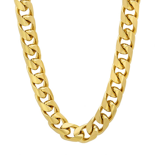 9.3mm 14k Yellow Gold Plated Flat Miami Cuban Link Chain Necklace