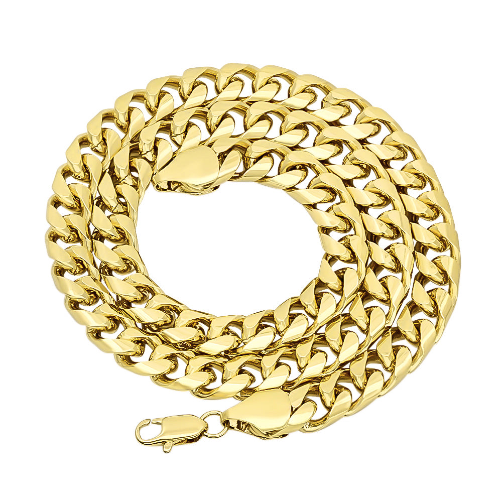 9.3mm 14k Yellow Gold Plated Flat Miami Cuban Link Chain Necklace