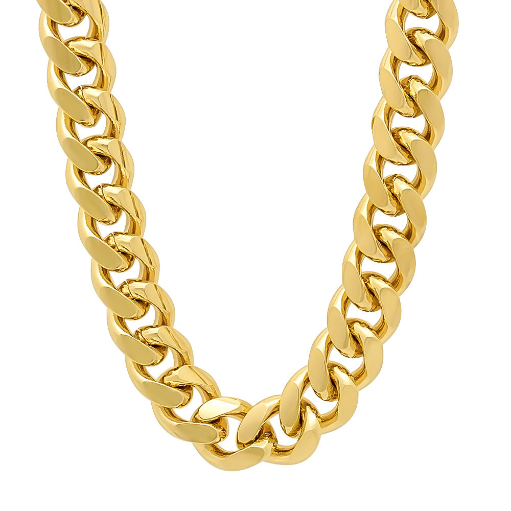 4mm-14mm 14k Yellow Gold Plated Flat Cuban Link Curb Chain Necklace