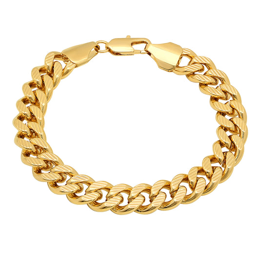 Men's 11mm Diamond-Cut 14k Yellow Gold Plated Flat Curb Miami Cuban Chain Link Bracelet