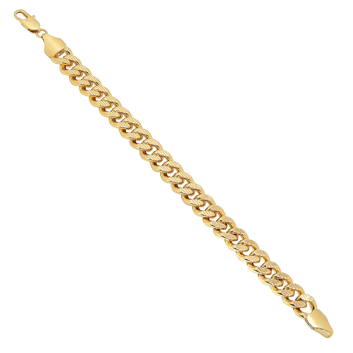 Men's 11mm Diamond-Cut 14k Yellow Gold Plated Flat Curb Miami Cuban Chain Link Bracelet (SKU: GL-034GB)