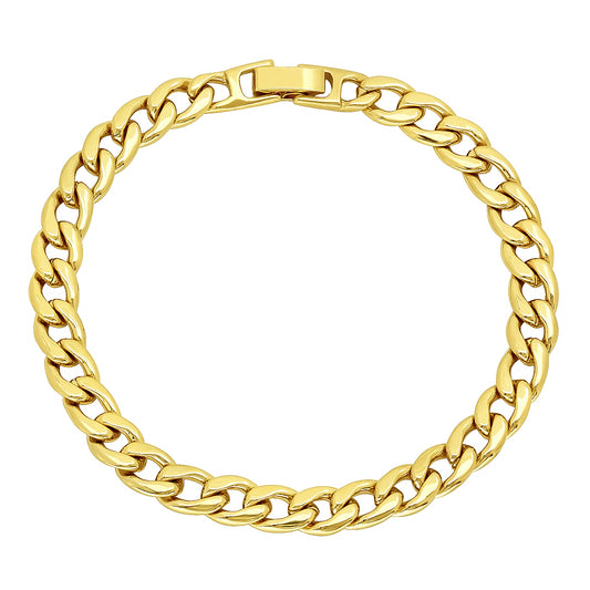 7mm-9mm Polished 14k Yellow Gold Plated Flat Curb Chain Bracelet (SKU: GL-CURB-ROUNDED-BR)