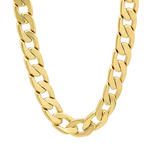 11.5mm 14k Yellow Gold Plated Beveled Curb Chain Necklace