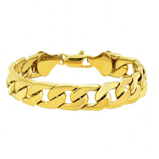 11.5mm 14k Yellow Gold Plated Flat Curb Chain Bracelet