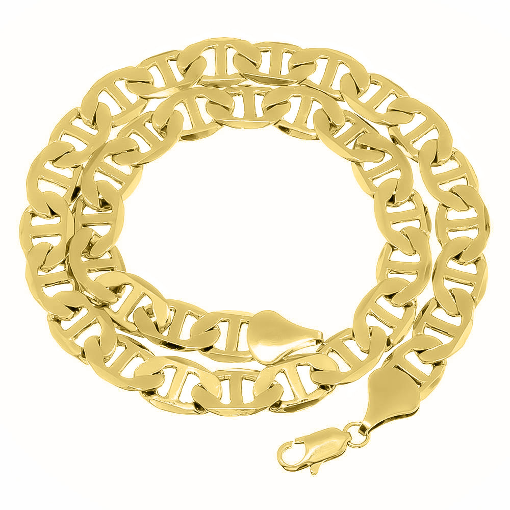 Men's 12mm 0.25 mils (6 microns) 14k Yellow Gold Plated Mariner Chain Necklace, 7'-36' + Jewelry Cloth & Pouch (SKU: GL-048S)