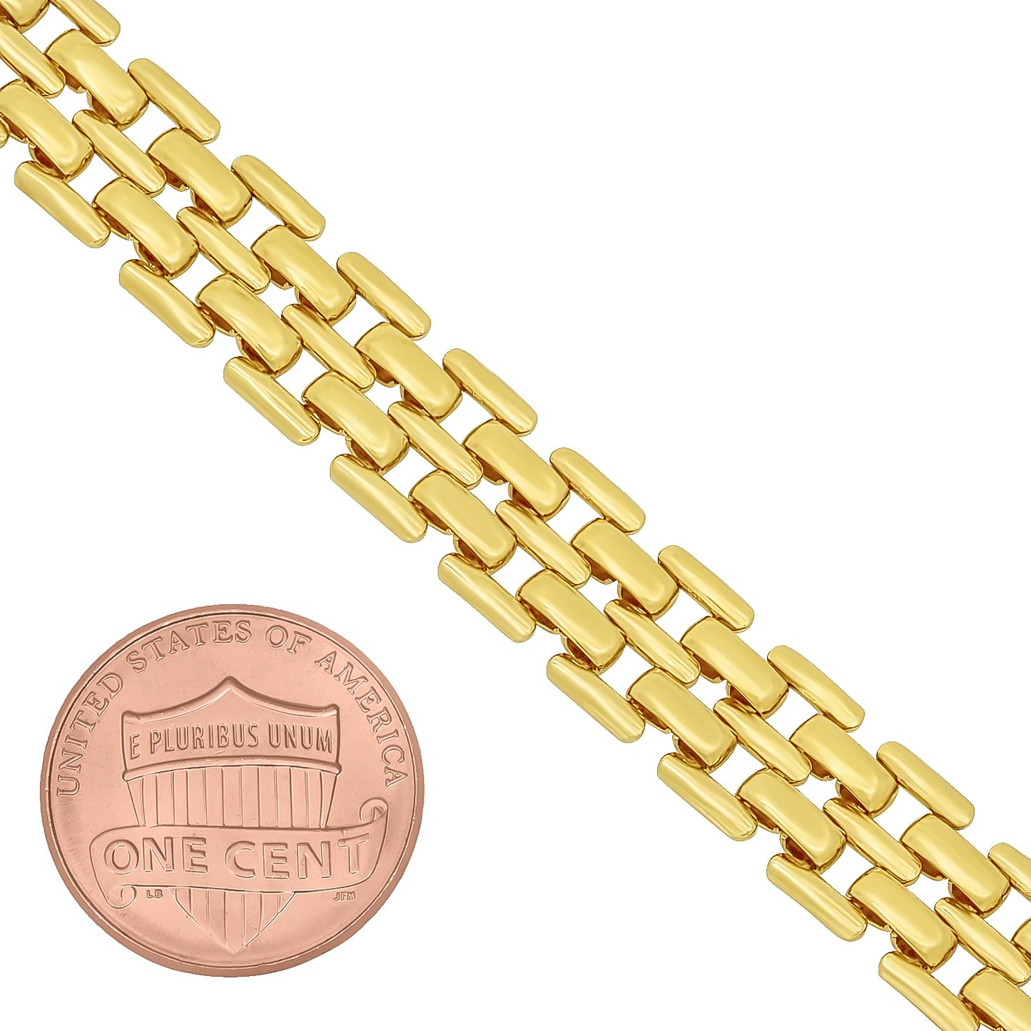 Men's 9mm 14k Yellow Gold Plated Flat Panther Link Chain Bracelet, 9 inches (SKU: GL-058CB-09)