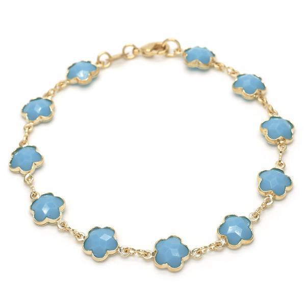 Polished 14k Yellow Gold Plated Blue Opal Flower Stone Charm Anklet, 10 inches