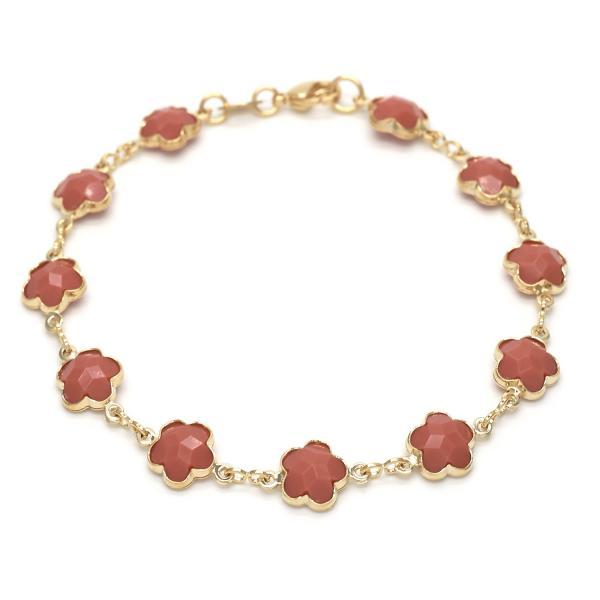 Polished 14k Yellow Gold Plated Red Opal Flower Stone Charm Anklet, 10 inches