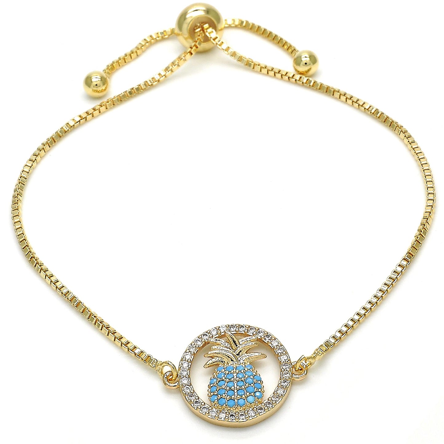 14.9mm Polished 14k Yellow Gold Plated Turquoise Cubic Zirconia Bolo Bracelet, 10 inches