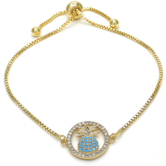 14.9mm Polished 14k Yellow Gold Plated Turquoise Cubic Zirconia Bolo Bracelet, 10 inches (SKU: GL-B1005B)