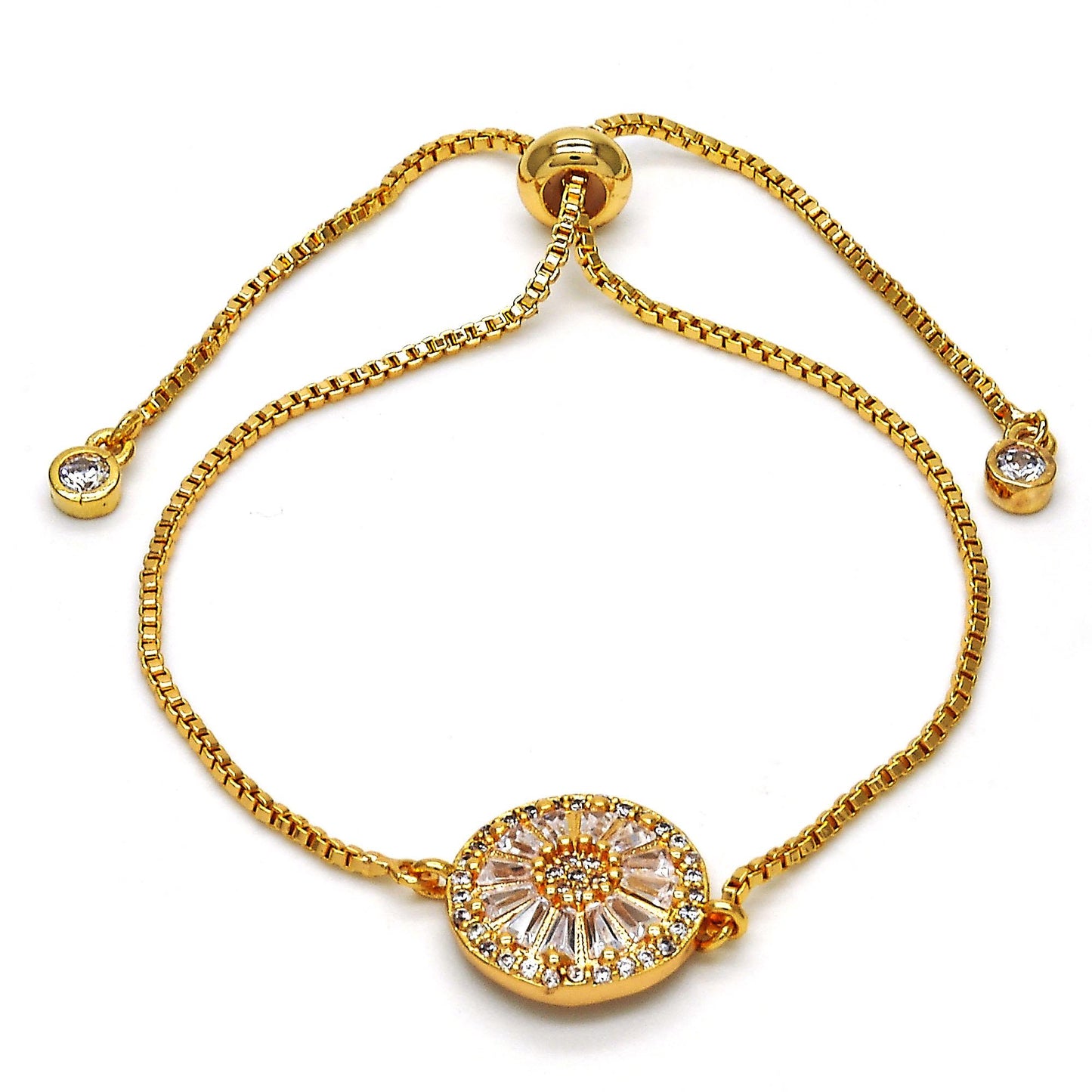 14.1mm Polished 14k Yellow Gold Plated Clear Cubic Zirconia Bolo Bracelet, 10 inches (SKU: GL-B1020)