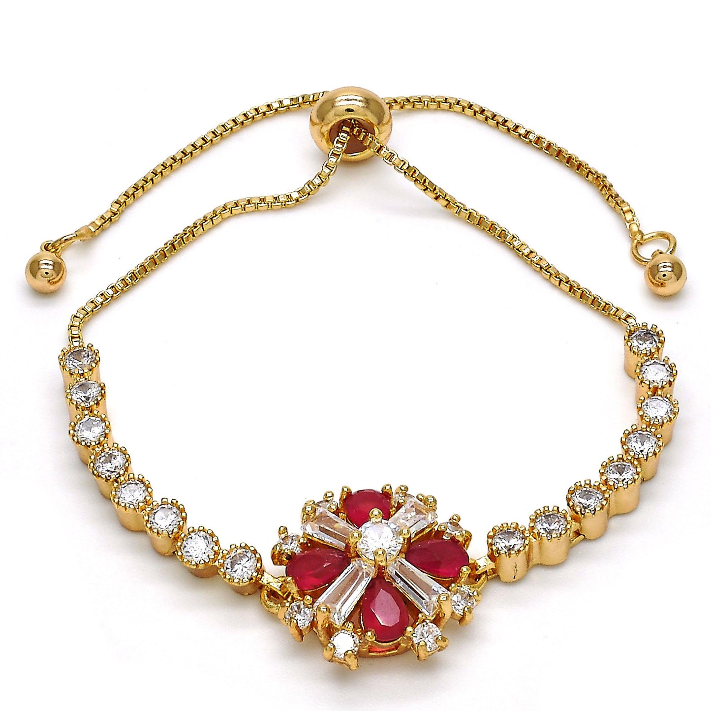 18.1mm Polished 14k Yellow Gold Plated Red Cubic Zirconia Bolo Bracelet, 10 inches (SKU: GL-B1025)