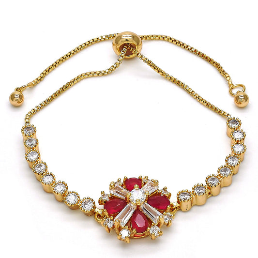 18.1mm Polished 14k Yellow Gold Plated Red Cubic Zirconia Bolo Bracelet, 10 inches (SKU: GL-B1025)