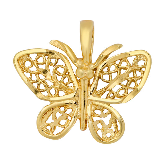 14K Gold Heavy Plated Butterfly Pendant w/Intricate Filigree Wings + Chain Necklace Choose Style (Box, Figaro, or Curb) Set