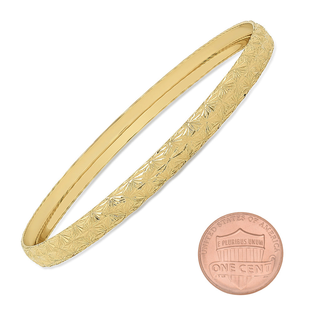 6mm Gold Plated Etched Starburst Pattern Bangle Bracelet + Microfiber Polishing Cloth (SKU: GL-BNB28)