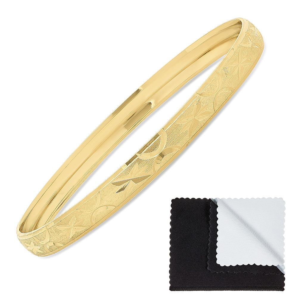14k Gold Plated Step Edged Stackable Bangle Bracelet w/Etched Stars & Moons + Jewelry Cloth & Pouch (SKU: GL-BNB44)