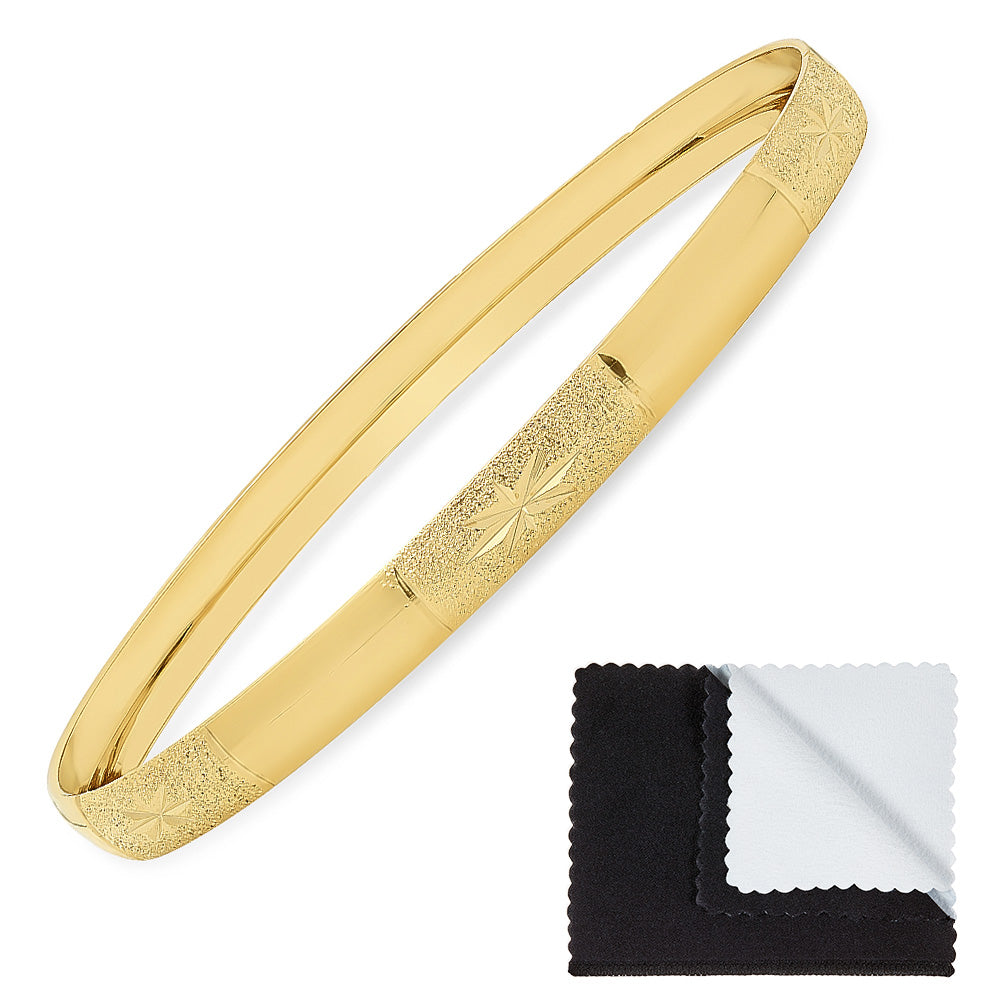 Gold Plated Bangle Bracelet w/Starbursts in Textured Sections + Microfiber Polishing Cloth