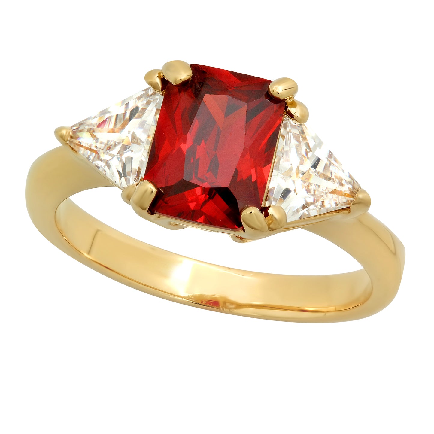 14k Gold Plated Emerald-Cut Red Garnet CZ Three-Stone Ring + Polishing Cloth, Size 4-10