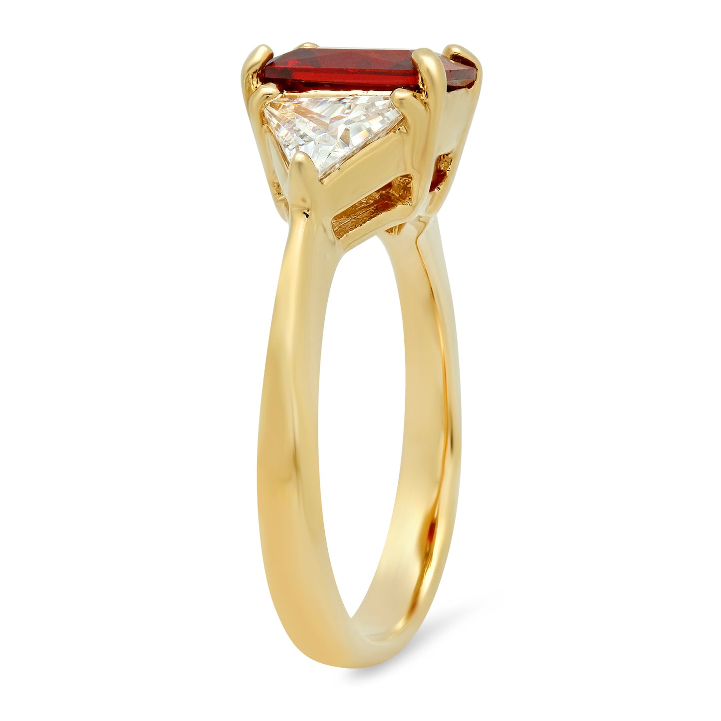 14k Gold Plated Emerald-Cut Red Garnet CZ Three-Stone Ring + Polishing Cloth, Size 4-10