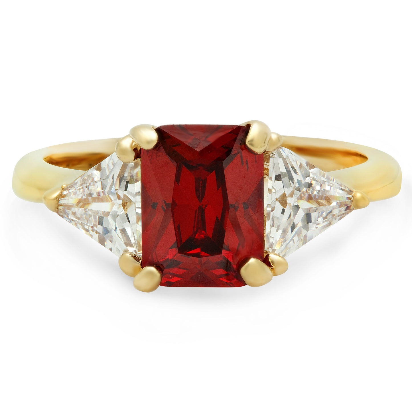 14k Gold Plated Emerald-Cut Red Garnet CZ Three-Stone Ring + Polishing Cloth, Size 4-10