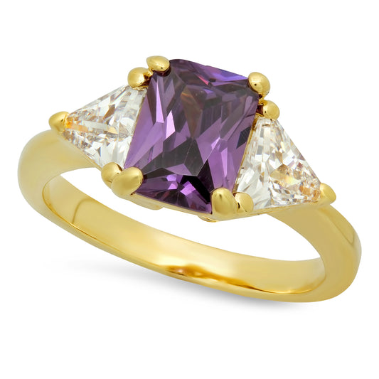 Gold Plated Emerald-Cut Violet Purple CZ Three-Stone Ring