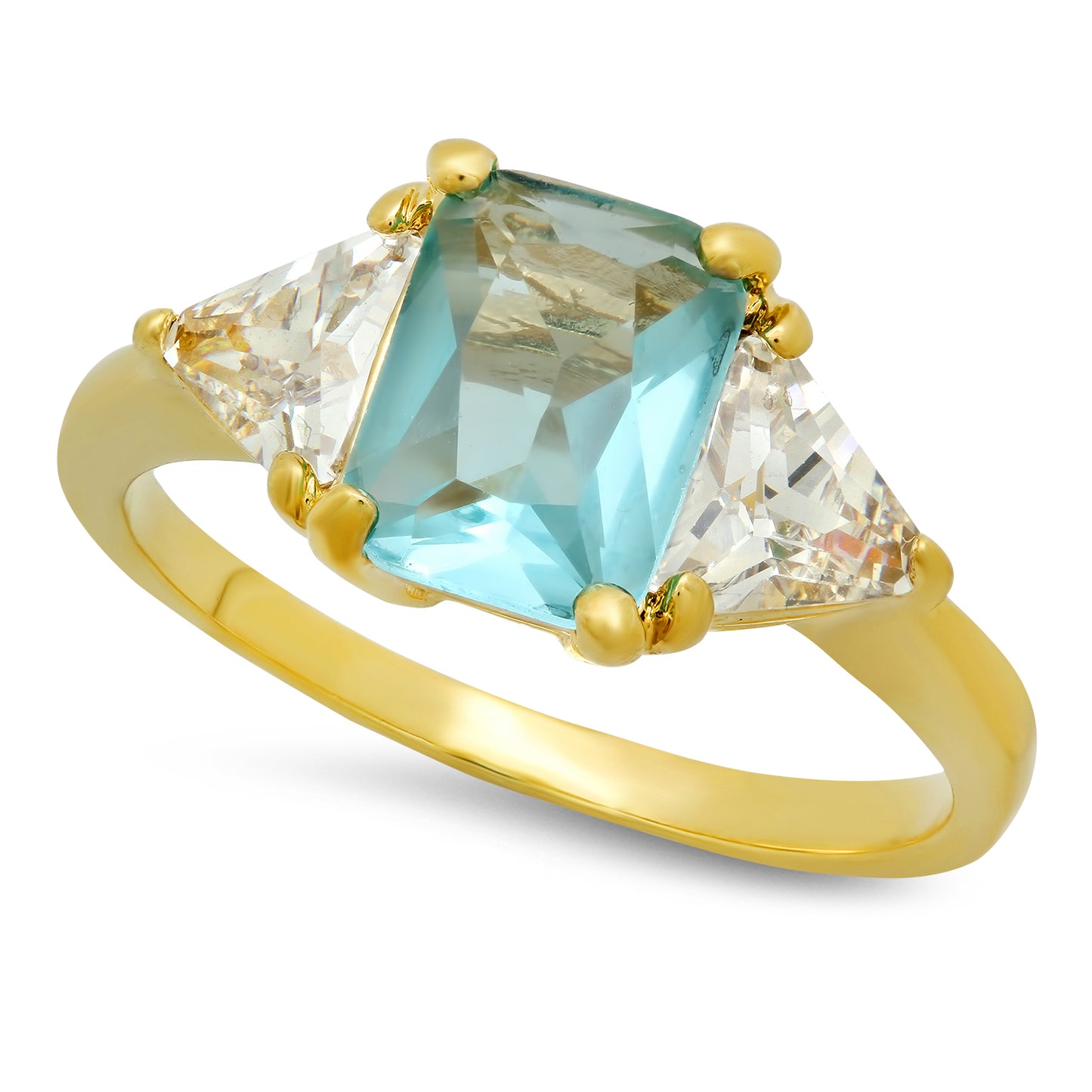 Gold Plated Emerald-Cut Light Teal Blue CZ Three-Stone Ring