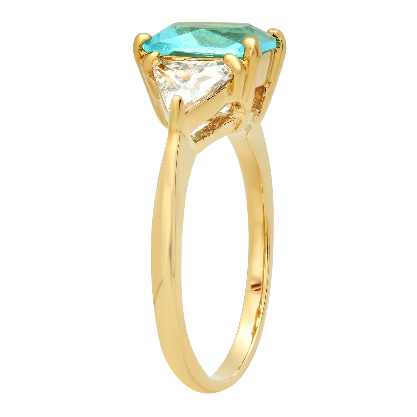 Gold Plated Emerald-Cut Light Teal Blue CZ Three-Stone Ring