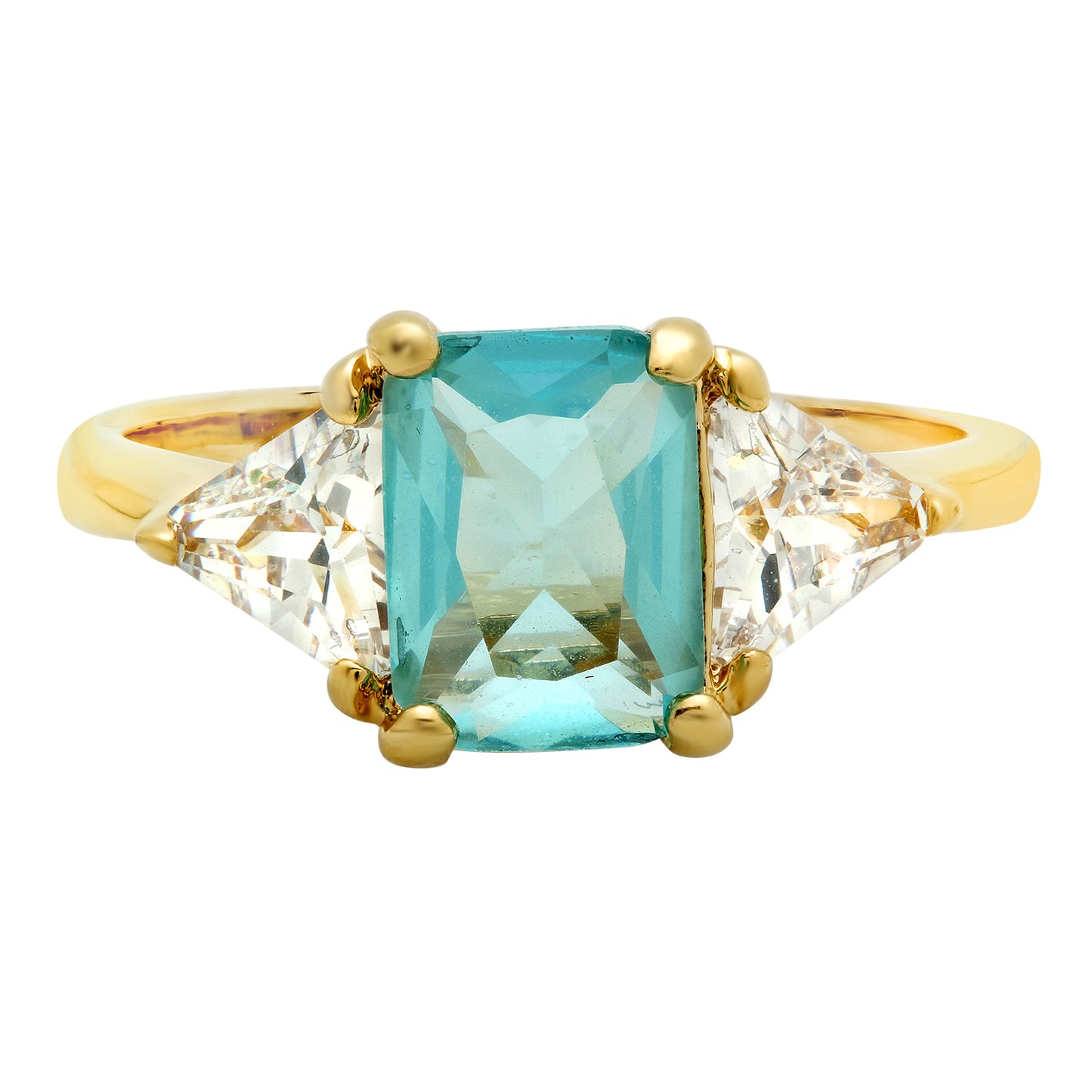 Gold Plated Emerald-Cut Light Teal Blue CZ Three-Stone Ring