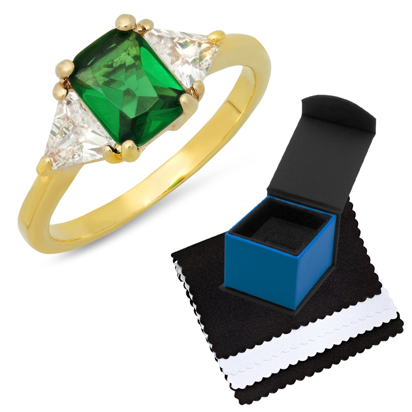 Women's 8mm 14k Yellow Gold Plated Emerald Green Cubic Zirconia Flat 3-Stone Ring + Gift Box