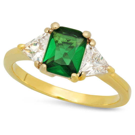 Gold Plated Emerald-Cut Forest Green CZ Three-Stone Ring