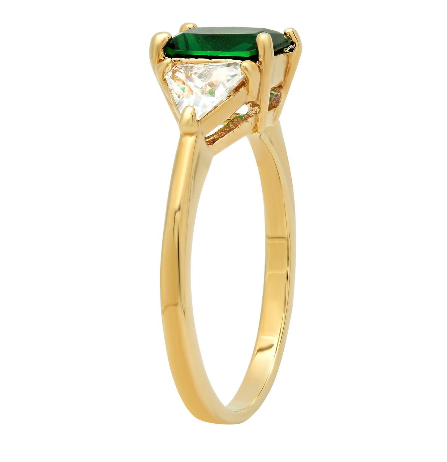 Women's 8mm 14k Yellow Gold Plated Emerald Green Cubic Zirconia Flat 3-Stone Ring + Gift Box