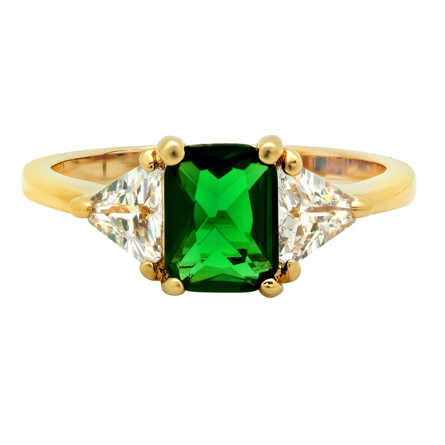 Women's 8mm 14k Yellow Gold Plated Emerald Green Cubic Zirconia Flat 3-Stone Ring + Gift Box