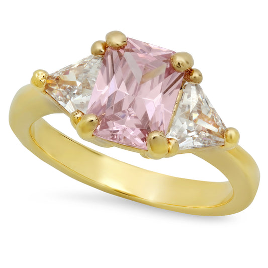Gold Plated Emerald-Cut Light Blush Pink CZ Three-Stone Ring + Jewelry Polishing Cloth (SKU: GL-BSR26)