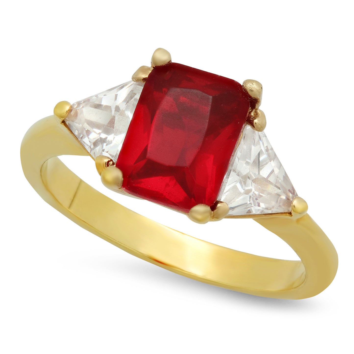 Gold Plated Emerald-Cut Dark Crimson Red CZ Three-Stone Ring