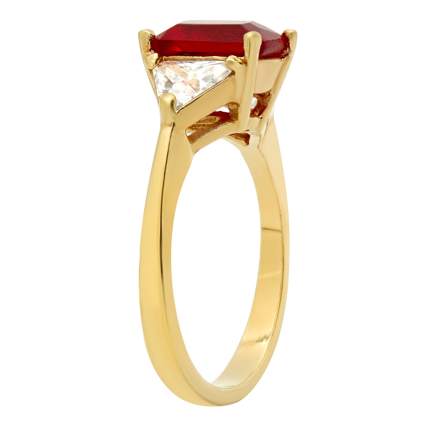 Gold Plated Emerald-Cut Dark Crimson Red CZ Three-Stone Ring