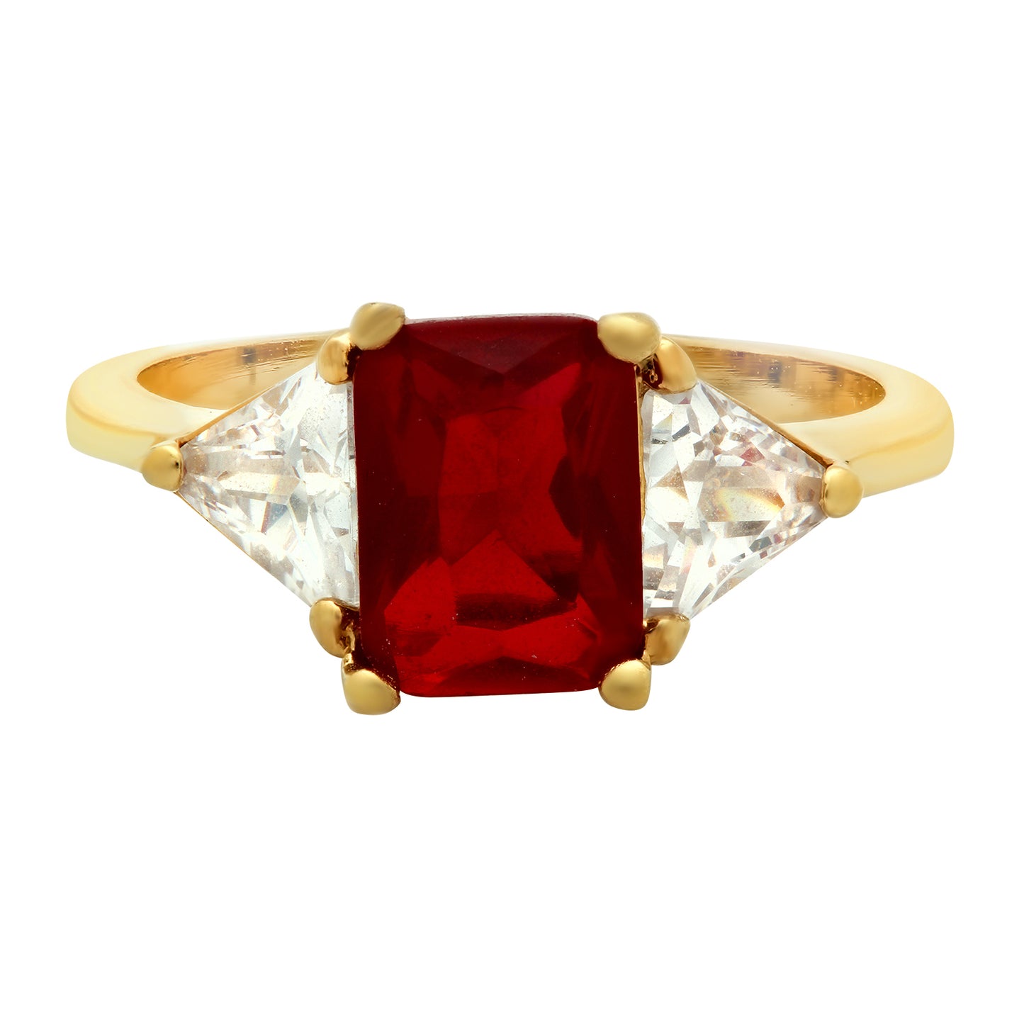 Gold Plated Emerald-Cut Dark Crimson Red CZ Three-Stone Ring