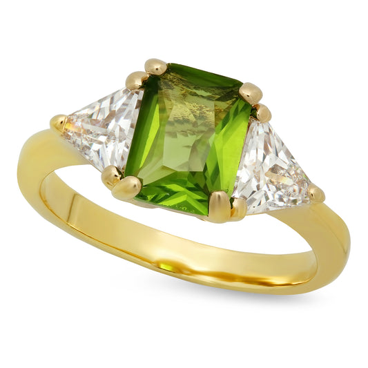 Gold Plated Emerald-Cut Chartreuse Green CZ Three-Stone Ring