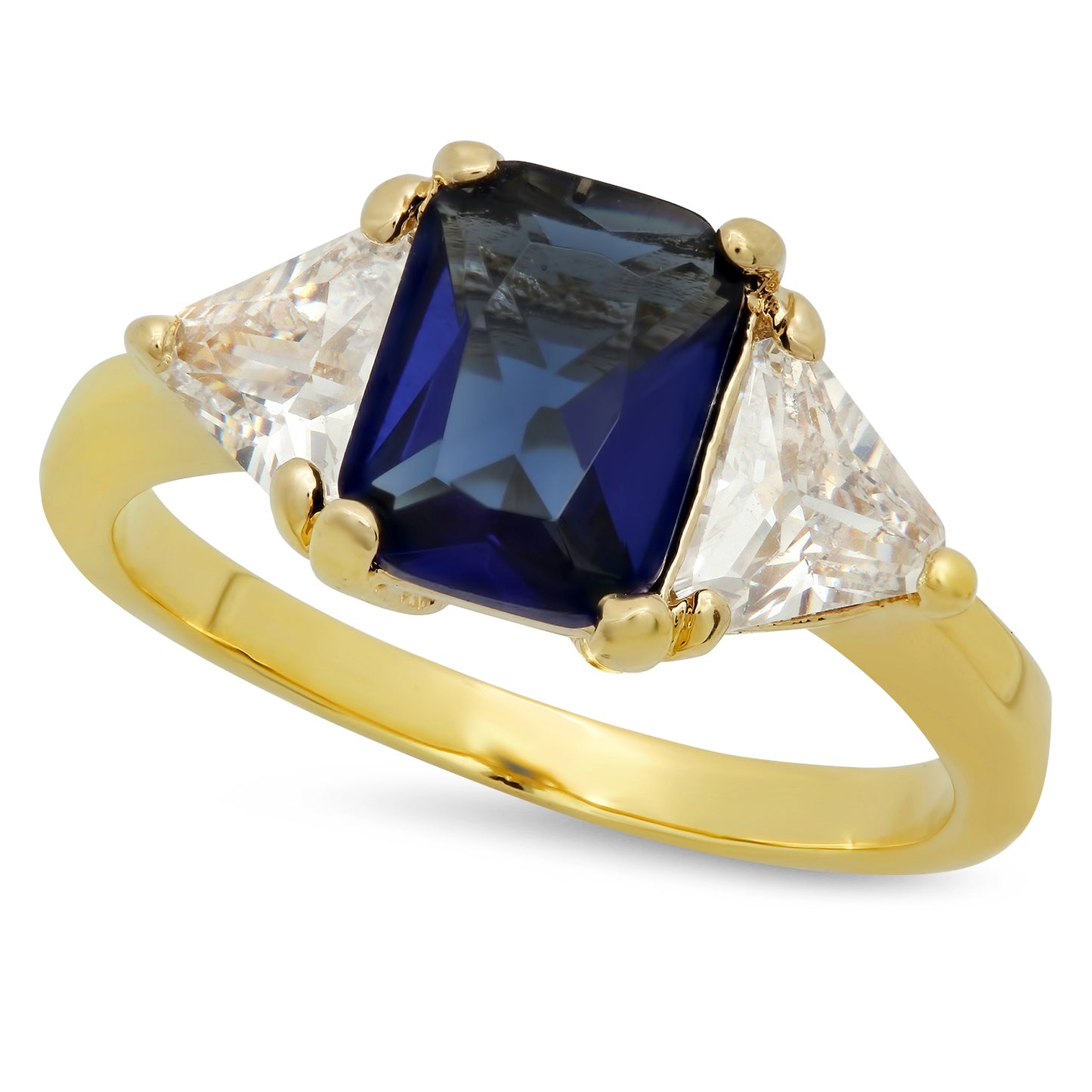 Gold Plated Emerald-Cut Dark Royal Blue CZ Three-Stone Ring