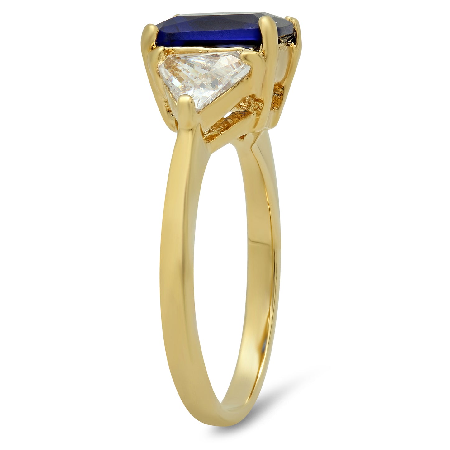 Gold Plated Emerald-Cut Dark Royal Blue CZ Three-Stone Ring