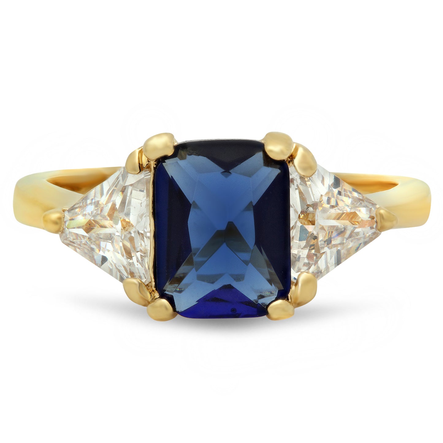 Gold Plated Emerald-Cut Dark Royal Blue CZ Three-Stone Ring