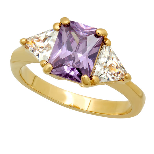Gold Plated Emerald-Cut Light Lavender CZ Three-Stone Ring + Jewelry Polishing Cloth (SKU: GL-BSR30)