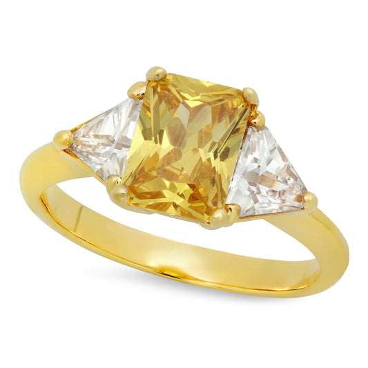 Gold Plated Emerald-Cut Golden Yellow CZ Three-Stone Ring