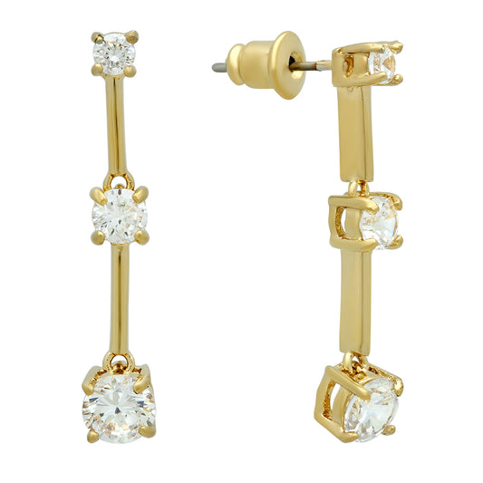 14k Gold Plated Linear Dangle Earrings, 3 Round Cut Cubic Zirconia Stones in Prong Setting