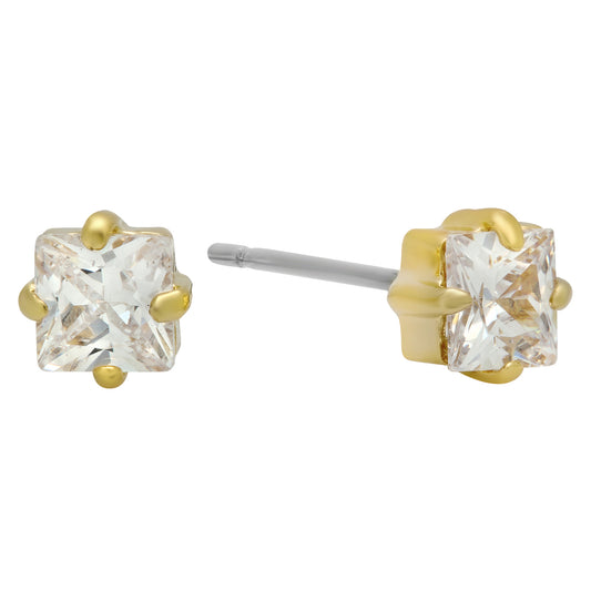 4mm Square Cut Cubic Zirconia Gold Plated Stud Earrings