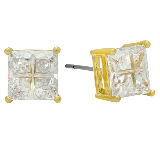 8mm Square CZ Gold Plated Stud Earrings w/Invisible Setting