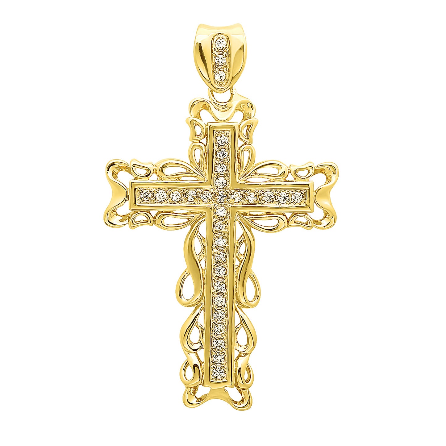 Men's 2 Inch Large 14k Gold Plated Filigree Framed Cubic Zirconia Cross Pendant (48.5mm x 64mm)