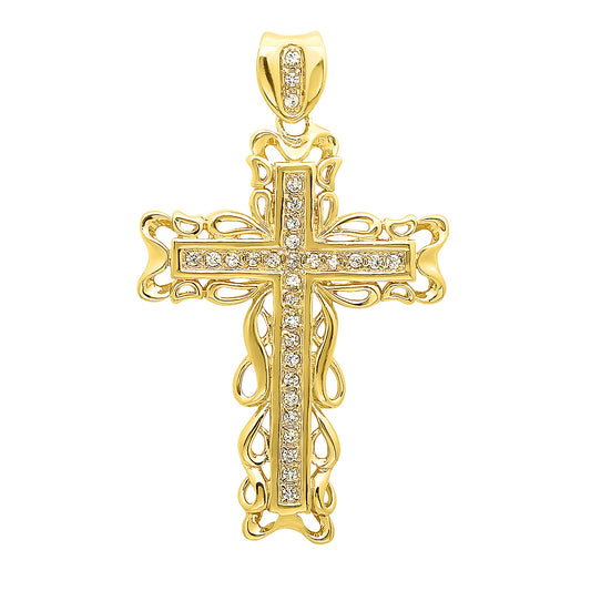 Large 14k Gold Heavy Plated Filigree Framed CZ Cross Pendant + Chain Necklace Choose Style (Rope, Figaro, or Curb) Set