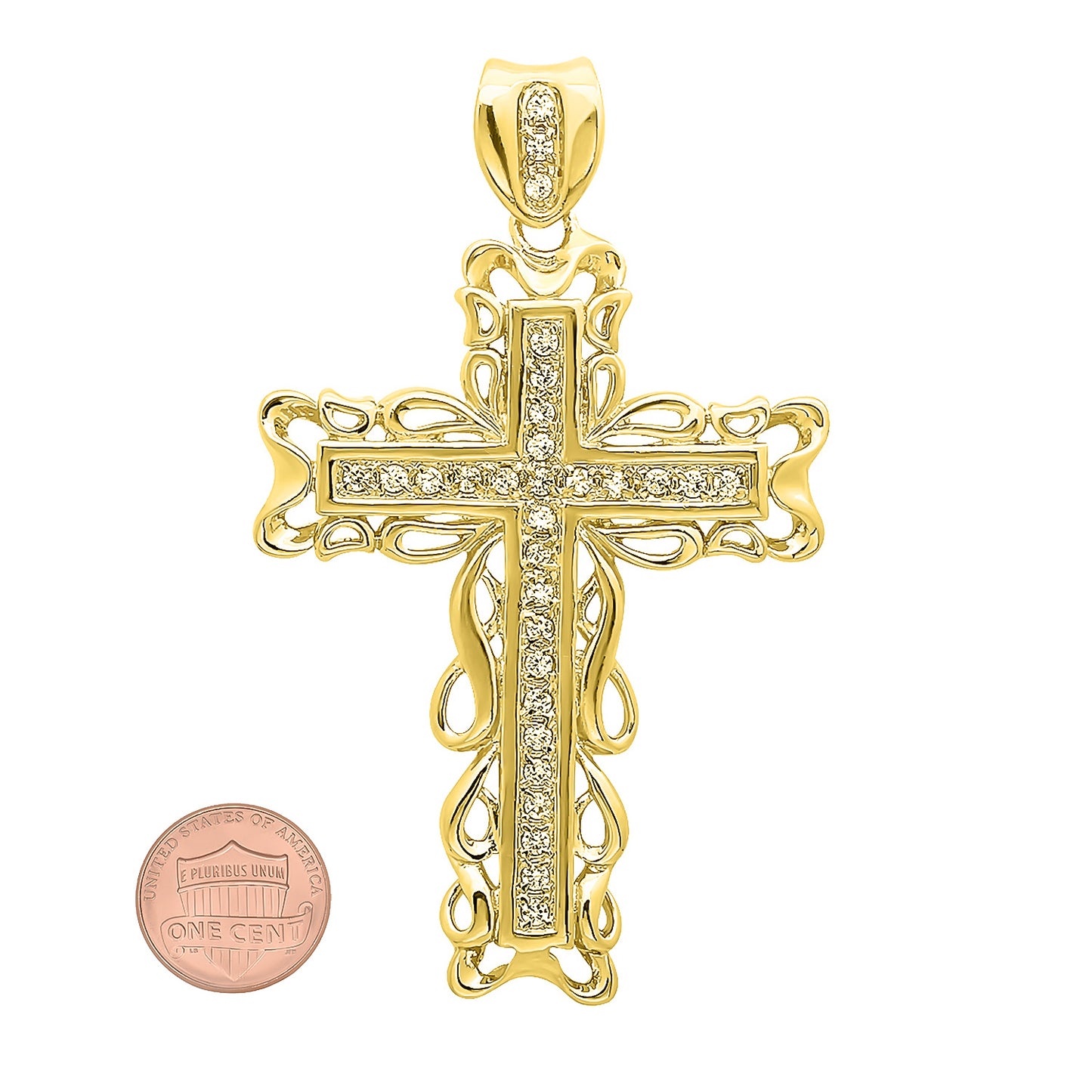 Men's 2 Inch Large 14k Gold Plated Filigree Framed Cubic Zirconia Cross Pendant (48.5mm x 64mm)